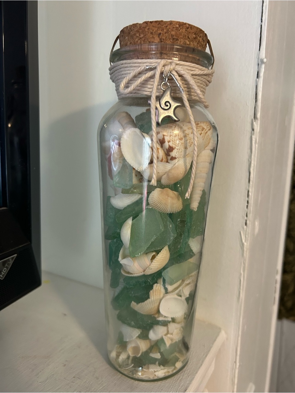 NWT COASTAL Sea Glass & Shell Accent Jar with Charm, Cork Stopper and Cord